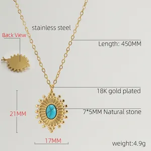 Detail view of 18K gold plated stainless steel necklace with turquoise sunburst pendant