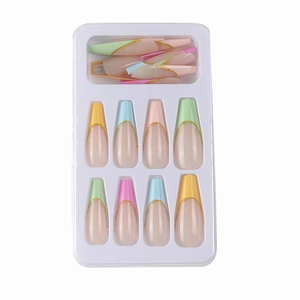 French ballerina false nails with colorful macaron tips and gold glitter borders