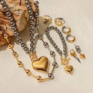 Detail of mixed-tone stainless steel jewelry set including heart necklace and earrings