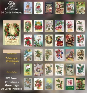 Flat lay of 30 vintage Christmas gold foil stickers featuring Santa and festive wreaths