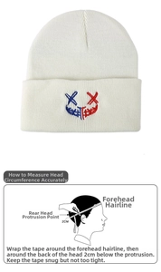 White knitted beanie featuring embroidered smiley face detail and head size measurement guide