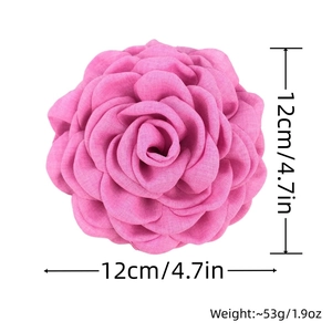 Pink fabric rose hair claw clip dimensions showing 12cm length and 53g weight details