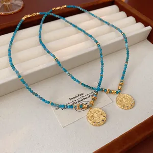 Evil Eye Round Pendant Necklace Blue Natural Stone Beaded Copper Gold Plated With Zircon Retro Bohemian Jewelry For Women