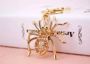 Detailed close-up of golden metal spider keychain with crystal rhinestones and green eyes