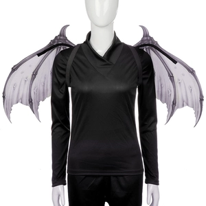 Detail of grey-black devil wings with realistic bone texture and elastic straps