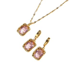Luxurious gold chain necklace and earring set with faceted pink crystal square gems