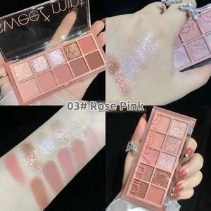 Close-up of 10-color eyeshadow palette in 03 Rose with swatches of matte and glitter textures