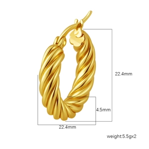 Polished 18K gold geometric twist hoop earrings for women with detailed size measurements