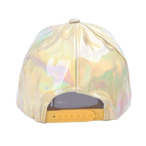 Golden holographic PU leather baseball cap with adjustable strap, rear view display