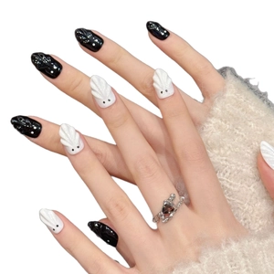 Halloween black and white 3D ghost press-on nails with cartoon embossed textures