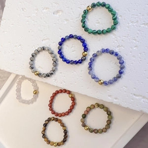 Elastic beaded natural stone rings with stainless steel gold accents for women