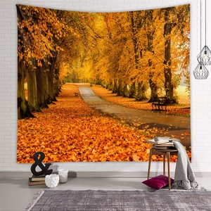 Detail of autumn park forest landscape tapestry with vibrant yellow leaves on white wall