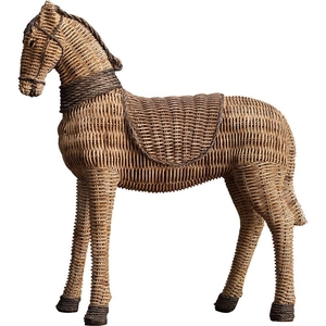 European vintage resin horse statue with hand-woven rattan texture for home decor