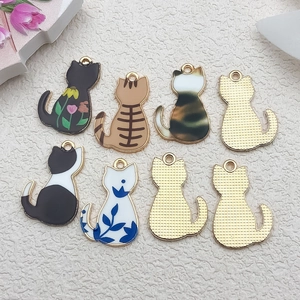 Set of eight assorted cute enamel cat pendants with golden metal edges for DIY jewelry making
