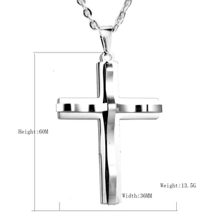 Polished stainless steel cross pendant necklace with clear dimensions of 60mm by 36mm