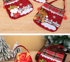 Detail of red linen Christmas gift bags with 3D Santa and reindeer plush characters