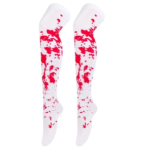 White over-the-knee socks with realistic red blood splatter pattern for Halloween costumes.