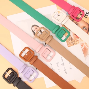 Minimalist candy colored women's faux leather belts with wrapped pin buckles in 7 colors