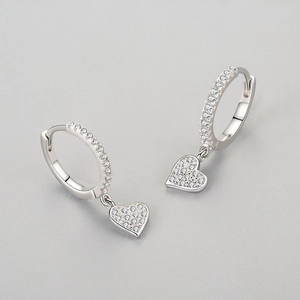 Elegant S925 sterling silver heart dangle earrings with white cubic zirconia pavé