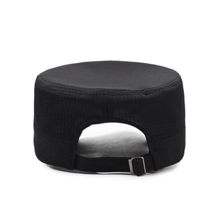 Classic black cadet cap for men with breathable mesh side panels and adjustable metal buckle