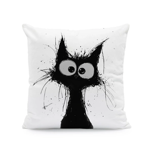 Detailed view of hand-drawn cartoon cat print on a high-quality white square cushion cover