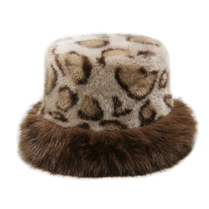 Detailed view of the leopard print faux fur bucket hat with thick brown plush brim trim