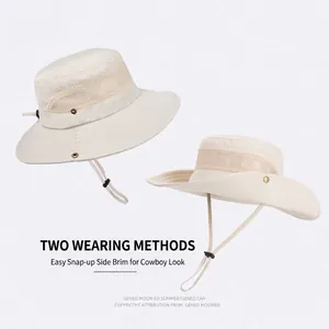 Mens outdoor sun hat in beige with mesh vents and dual-style wide brim for fishing