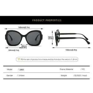 Detailed size chart for stylish UV protection sunglasses with PC frame measurements