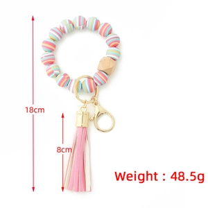 Silicone bead keychain wristlet with leather tassel and wood bead, 18cm total length
