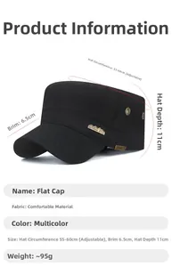 Detail of black cotton flat top hat with metal side vents and outdoor style logo badge