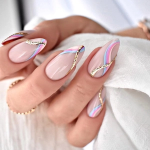 Almond Press On Nails French Style Multicolor Wave Pattern Gold Glitter Lines Nude Pink Blue Wearable False Nail Art Women