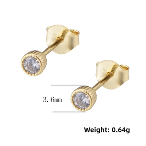 Close-up of gold s925 silver stud earrings with 3.6mm round white zircon and 0.64g weight