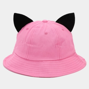Detail of pink cotton bucket hat featuring 3D black cat ears and stitched brim texture