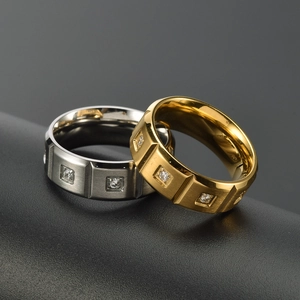 Men's matte brushed titanium steel rings with cubic zirconia inlay in gold and silver