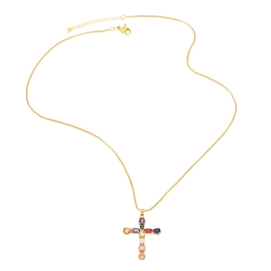 Gold cross necklace for women featuring vibrant colorful zircon stones on white background