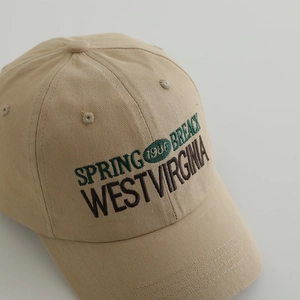 Kids khaki cotton baseball cap with vintage West Virginia embroidery for sun protection