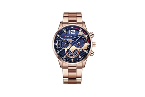 Detail of rose gold multifunctional quartz watch with blue dial and small dials