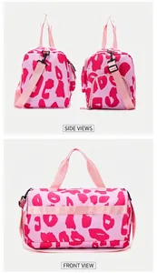 Rosa Reisetasche mit Leopardenmuster, Seiten- und Rückansicht für Details.