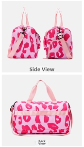 Pink leopard print travel bag shown from multiple angles for side and back views.