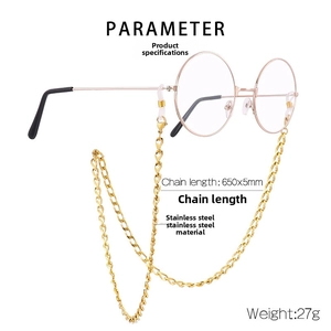 Detail showing 650mm gold stainless steel glasses chain dimensions and weight parameters