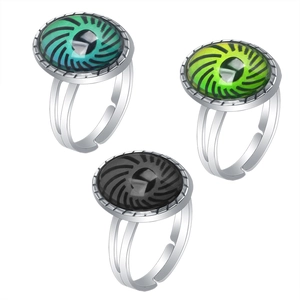 Three adjustable silver rings featuring colorful mood stone eye patterns in blue, green, and black