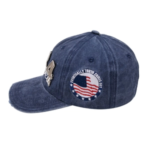 Distressed navy denim baseball cap with 1964 embroidery and USA flag patch
