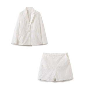 Women Blazer And Shorts White Hollow Eyelet Embroidery Long Sleeve Scalloped Hem Elegant Casual Co-ords Chic