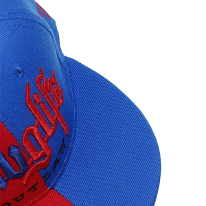Detail der hochdichten 3D-Stickerei auf der rot-blauen Hip-Hop-Baseballkappe im Kontrast
