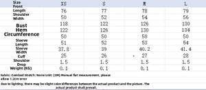 Detailed size guide table for women's button-up shirt with combed fabric measurements