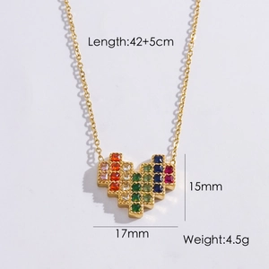 Collier en acier inoxydable plaqué or 14K avec pendentif cœur pixelisé et pierres colorées