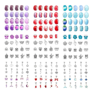 Detailed collection of assorted colorful glass beads and silver charms for DIY jewelry sets
