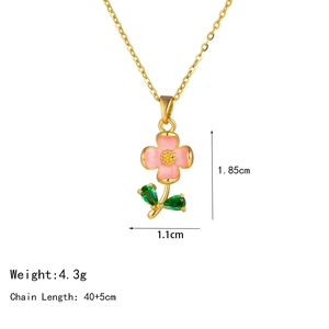 Pink floral titanium steel necklace with green crystal leaves on a gold chain