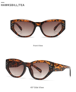 Detailansicht der Cat-Eye-Sonnenbrille mit Schildpatt-Muster und braunen Verlaufsgläsern