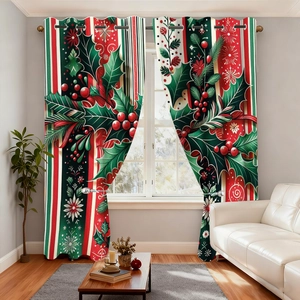 Detail of Christmas curtain featuring holly leaves, berries and red green stripes design